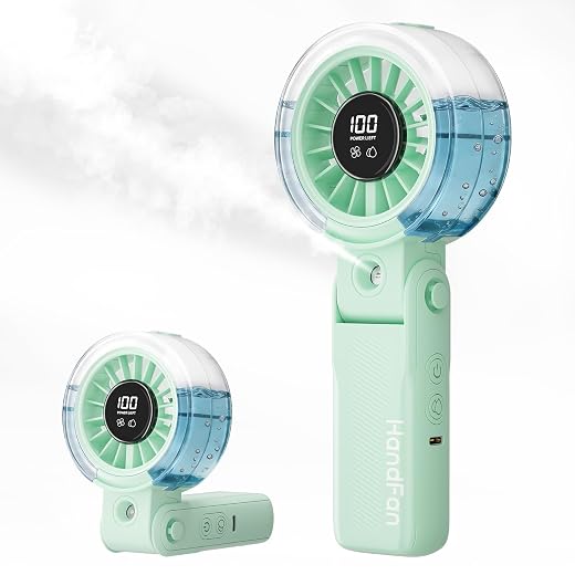 HandFan 4000mAh Handheld Turbo Misting Fan, 100 levels Adjustable High Speed Mister Fan, Portable Spray Water Mist Fans, Foldable Mini Hand Fans for Summer Beach Travel Concerts Disney(Green)