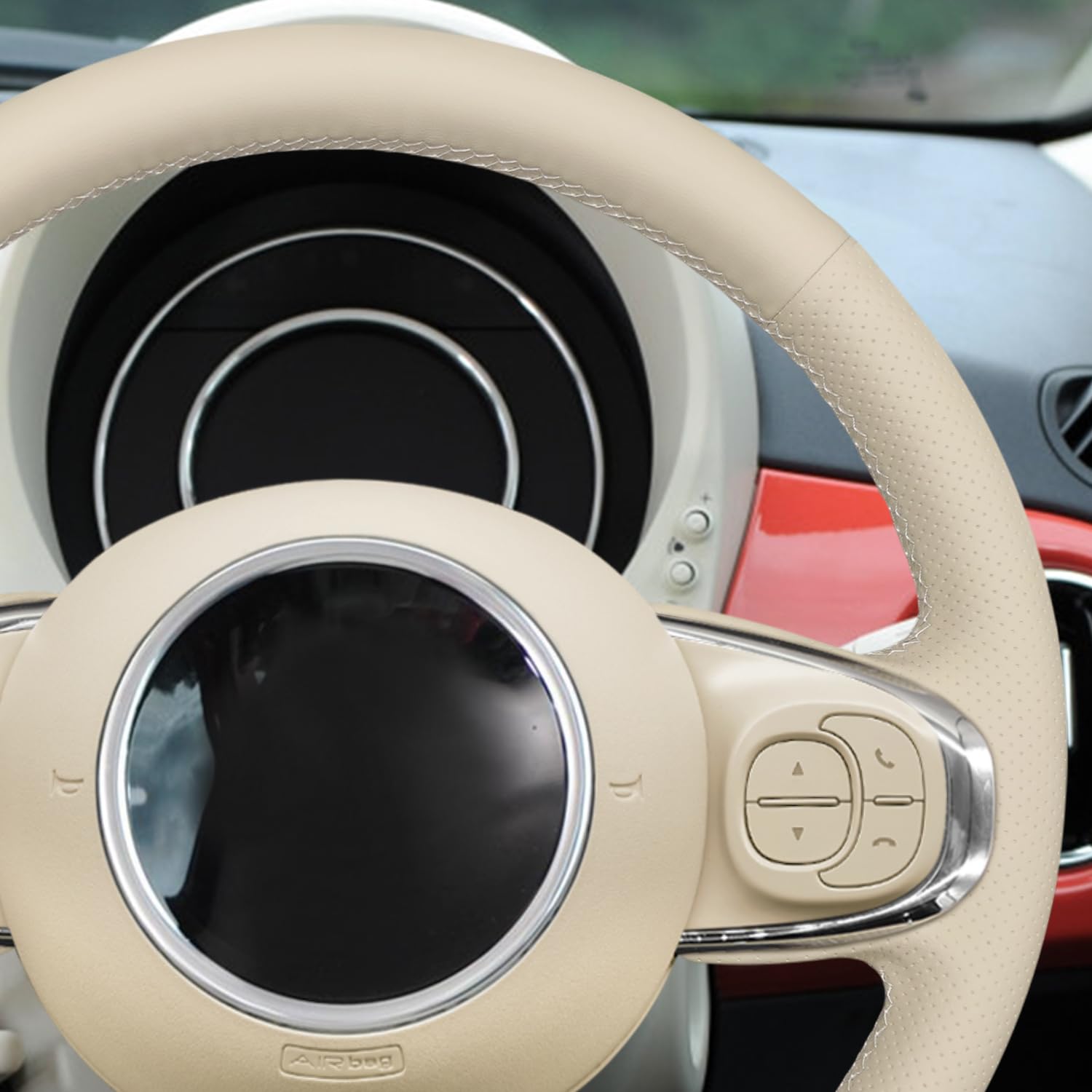 MEWANT Passgenauer Lenkradbezug zum Nähen für Handstich für 500 500C | Handstich für 500 2015-2021 / 500C 2016-2021 Beige Kunstleder Atmungsaktiv Für Beheizte Lenkräder Langlebig