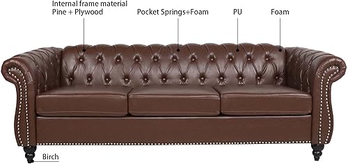 Miniatura 15 de Sofá Chesterfield de 3 plazas con brazo enrollado de poliuretano de 84 pulgadas, color negro, sofá moderno de mediados de siglo para espacios Negro
