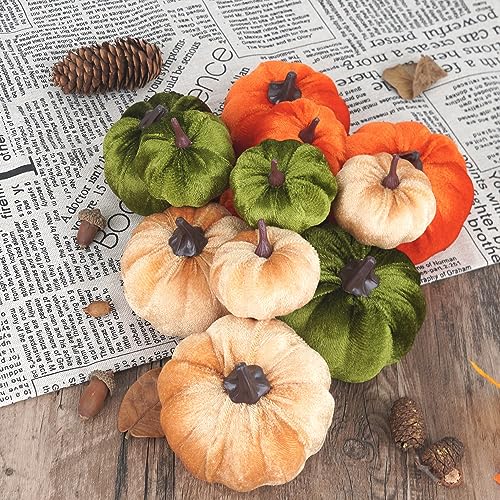 Image of Artmag 12Pcs Fall Artificial Velvet Pumpkins Assorted Sizes Orange Green Khaki Fake Farmhouse Harvest Pumpkins for Fall Thanksgiving Party Home Decoration