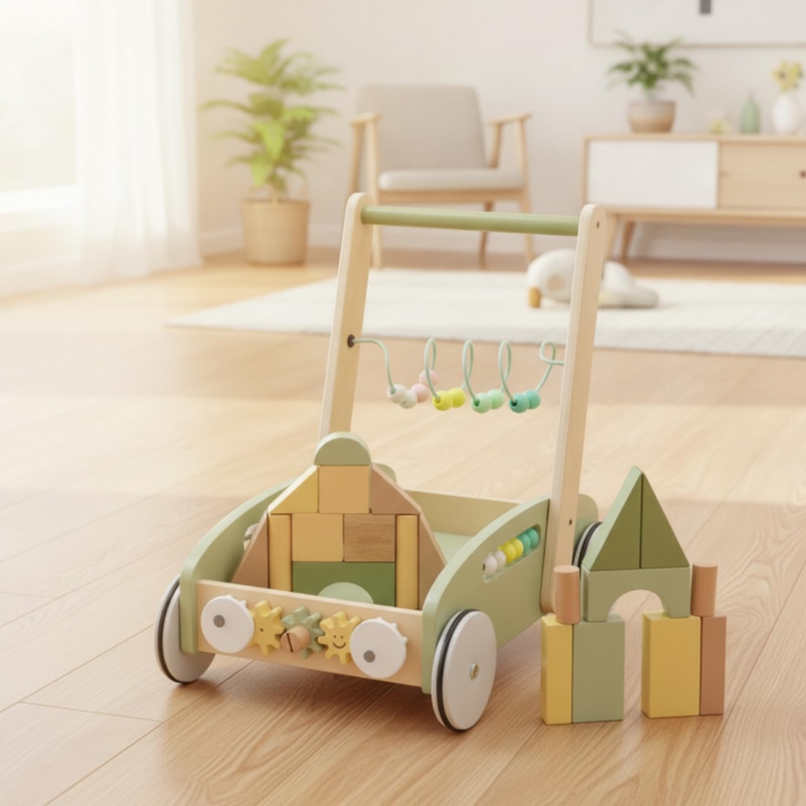 Children Learning Carrello Girello Carrellino Spingi Centro Attività in Legno con Elementi Rotanti E Perline Scomparto per Trasporto Giochi Telaio, Verde, 1/Set