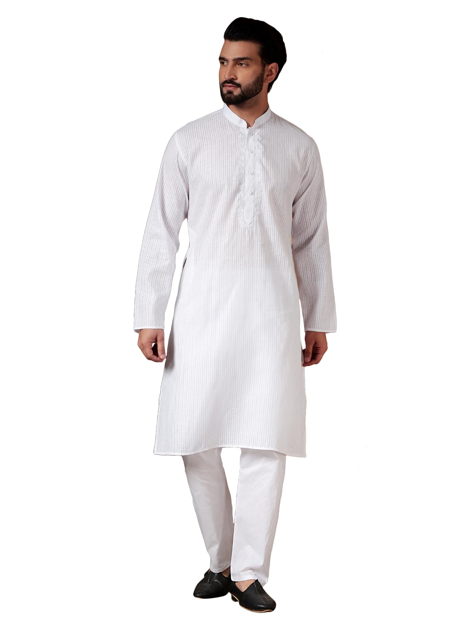 excent Men’s Cotton Blend Kurta Straight Pajama Set with Mandarin Collar & Elegant Round Embroiderd | Ethnic Kurta Pyjama for Wedding, Eid, Festival, Party & Traditional-picture-11