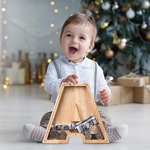 Miniatura 10 de weallbuy Hucha para niños personalizada de la A a la Z alcancía de madera transparente caja de dinero decoración creativa para cumpleaños Navidad y