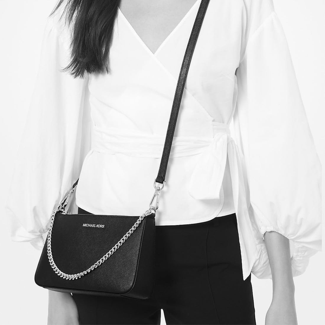 Michael Kors Jet Set - Bolso de hombro con cadena mediano, bolso bandolera, negro, piel saffiano, pochette, tono plateado, negro, mediano
