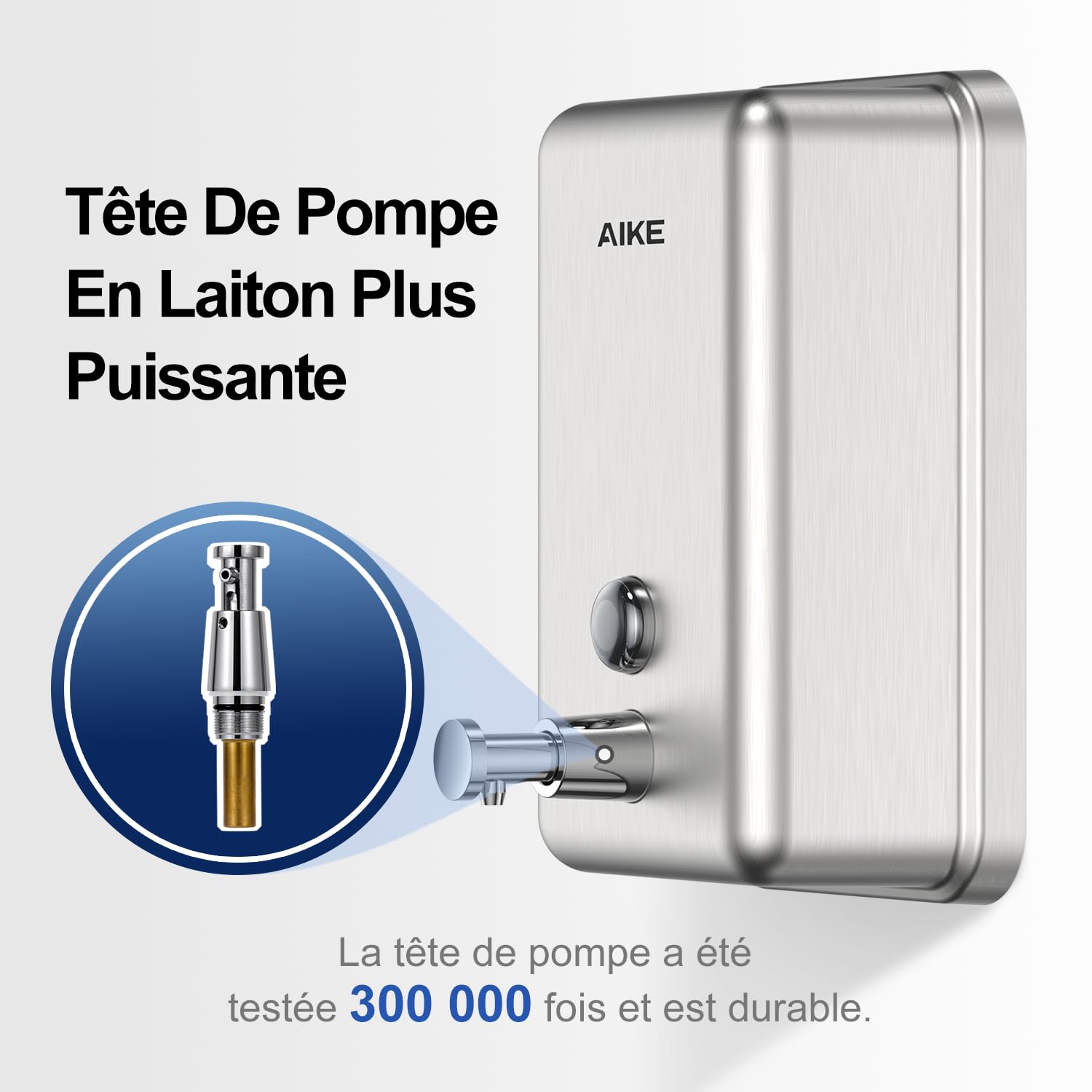 AIKE Distributeur de Savon Liquide Commercial Mural en Acier Inoxydable, avec Réservoir Interne ABS de 1100 ML Antirouille, AK1003 (Brossé)