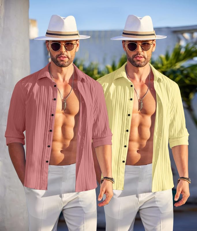 Image of FINIVO FASHION Men's Cotton Blend Shirt Set Lightweight, Full Sleeves, Plain Texture, Button Closure, Summer Ready (Pack of 2)