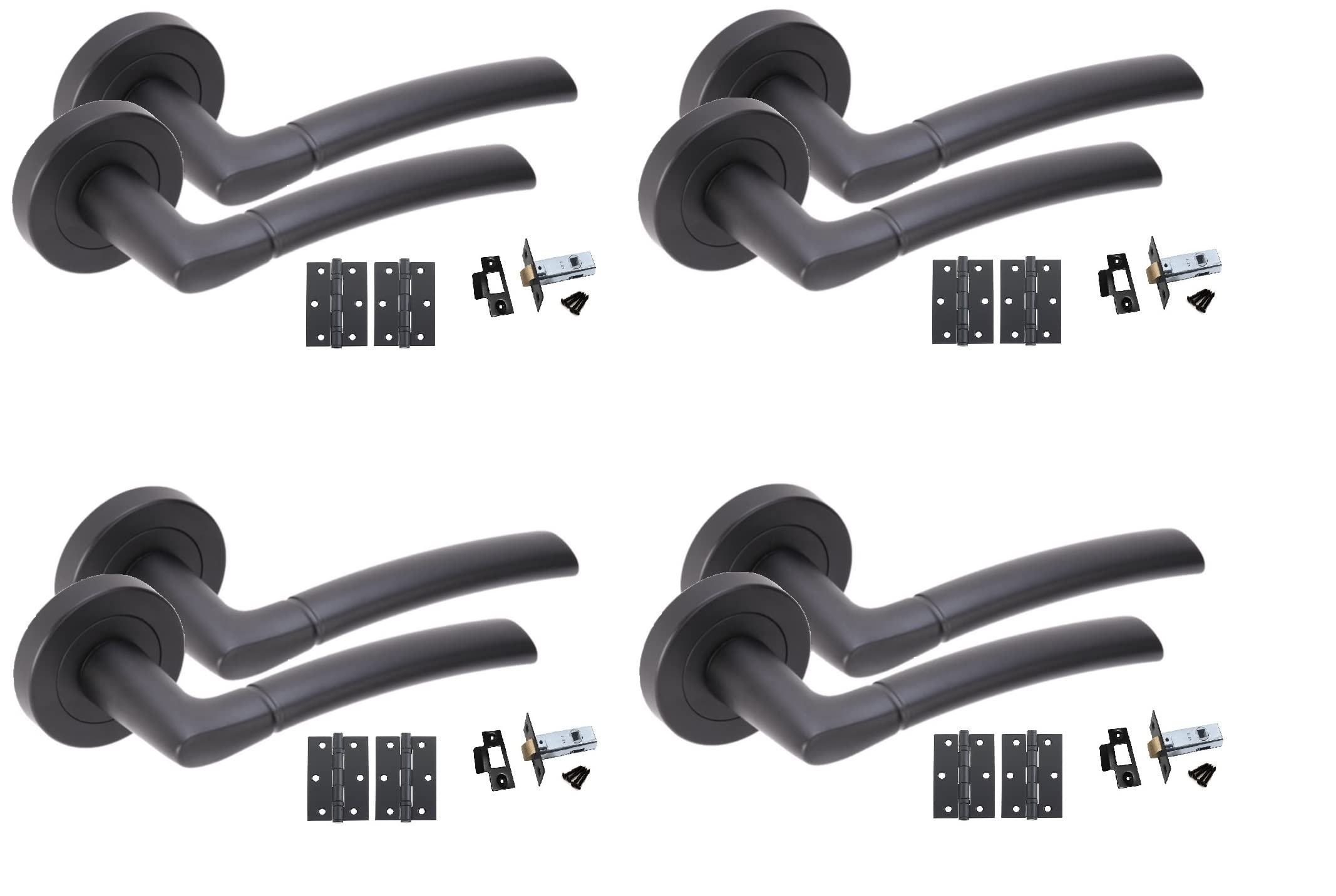 Golden Grace Indiana Style Modern Matt Black Finish Lever Latch Door Handles on Rose Internal Packs with Latches and Ball Bearing Hinges (4 Pairs)