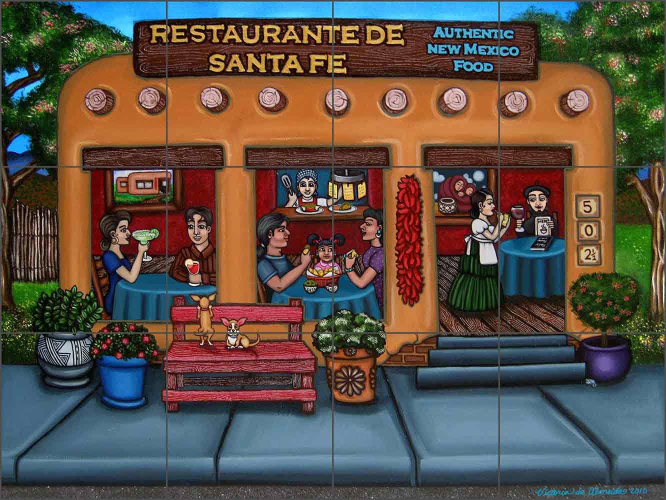 Southwest Cafe Ceramic Tile Mural 17" x 12.75" - Restaurante de Santa Fe by Victoria de Almeida - Kitchen Shower Backsplash