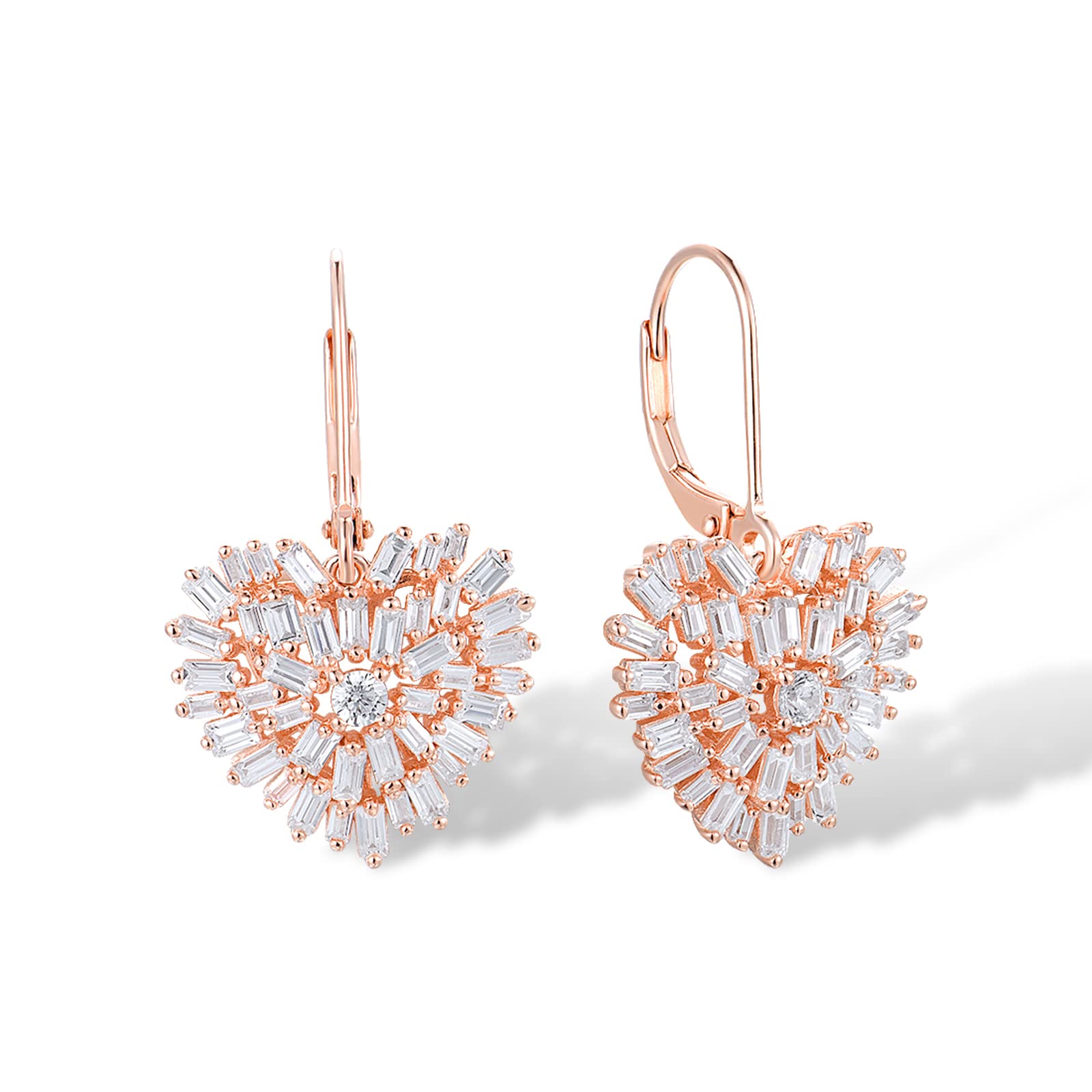 Santuzza925 Sterling Silver Heart Earrings 14K Rose Gold Plated Cubic Zirconia Dangle Earrings for Women, Sterling Silver Cubic Zirconia, Cubic Zirconia