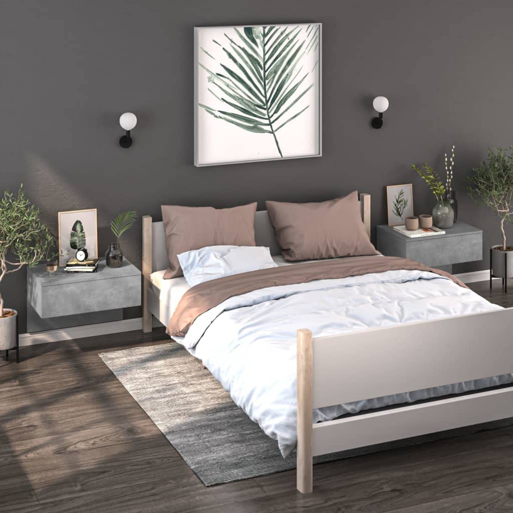 Comodino da parete grigio cemento in legno 60 x 40 x 40 cm, tavolino sospeso con vano portaoggetti, ripiano e cassetto, console moderna per camera da letto, cameretta dei bambini