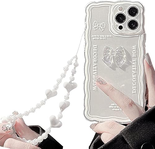 Miniatura 8 de Casechics Funda compatible con iPhone, bonita pajarita de cristal 3D, forma de onda rizada con correa de pulsera de corazón, cadena, transparente,