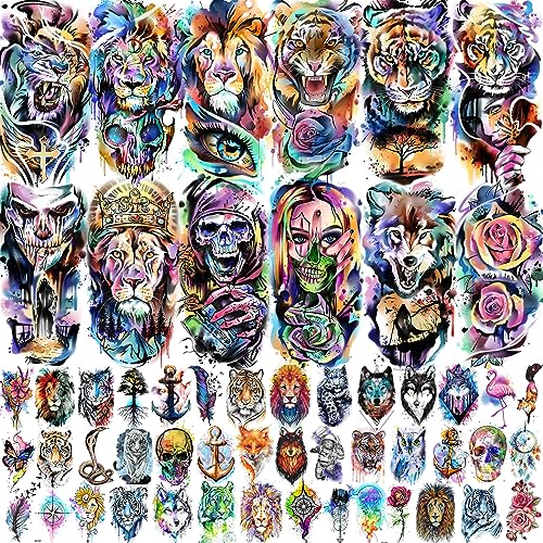 Image of VANTATY 55 Sheets 3D Watercolor Temporary Tattoos For Women Men Adults Kids - Realistic Animal Print, Tribal, Floral, Halloween Designs - Multicolor - Waterproof - Ages 3+