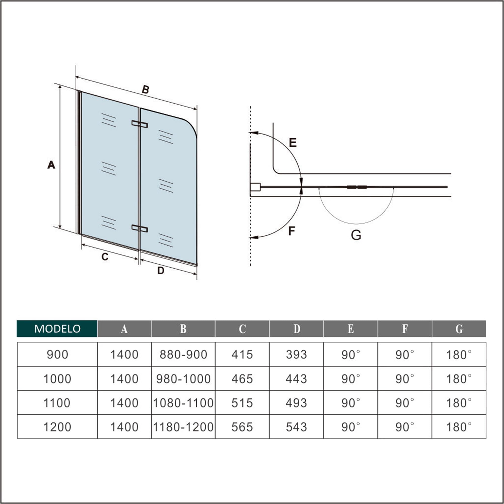 Mampara de Bañera Abatible 2 Hojas Cristal Antical 6mm Plegable Perfil Negro Mate Tamaño:(880-900) x1400mm