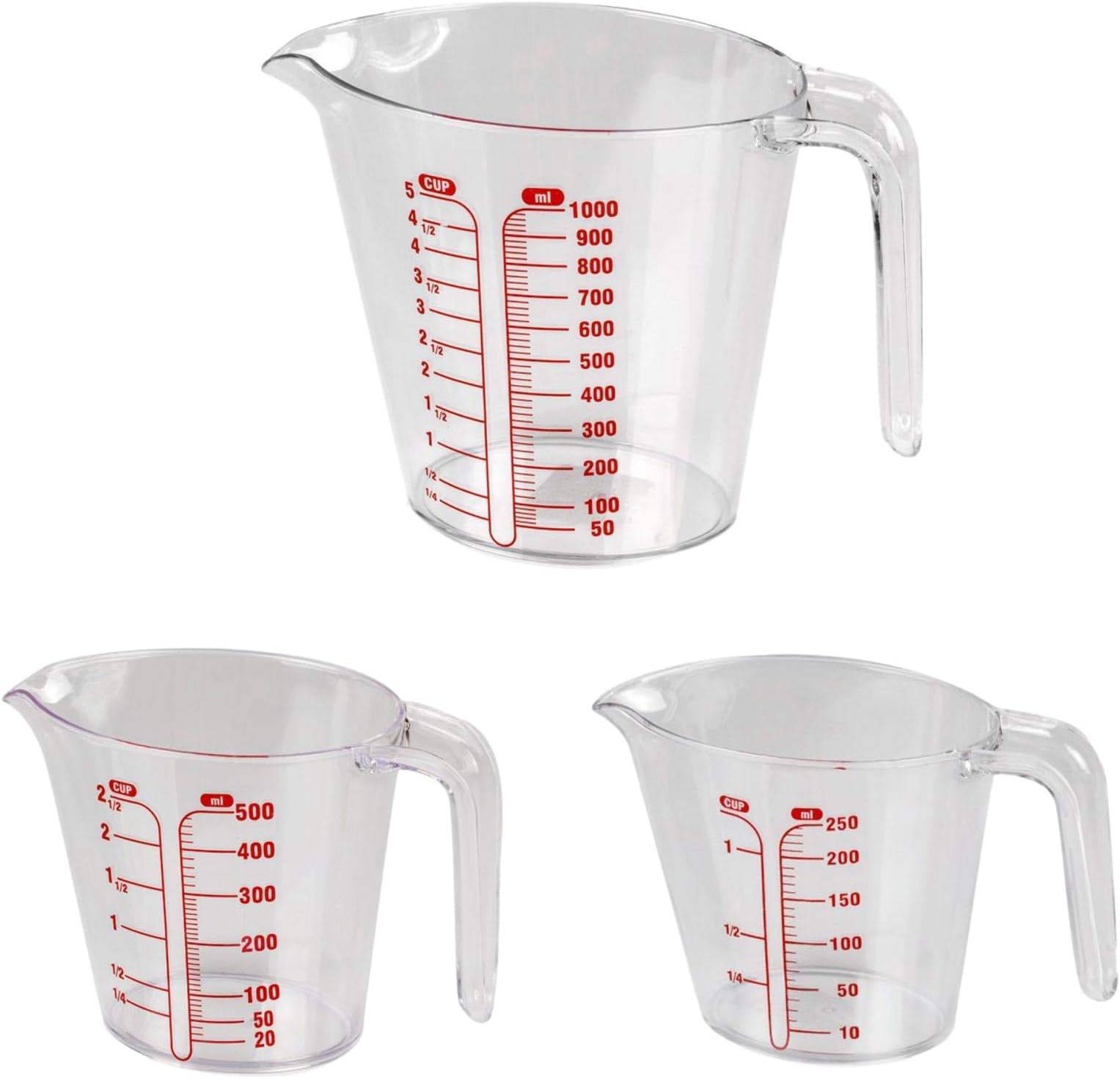 Sunplast Set of 3 Plastic Clear Transparent Measuring Jar/Cup 250ml / 500ml /1000ml Plastic Kitchen Cooking Clear/Easy to Read Tool Set of 3 with Handles Measure