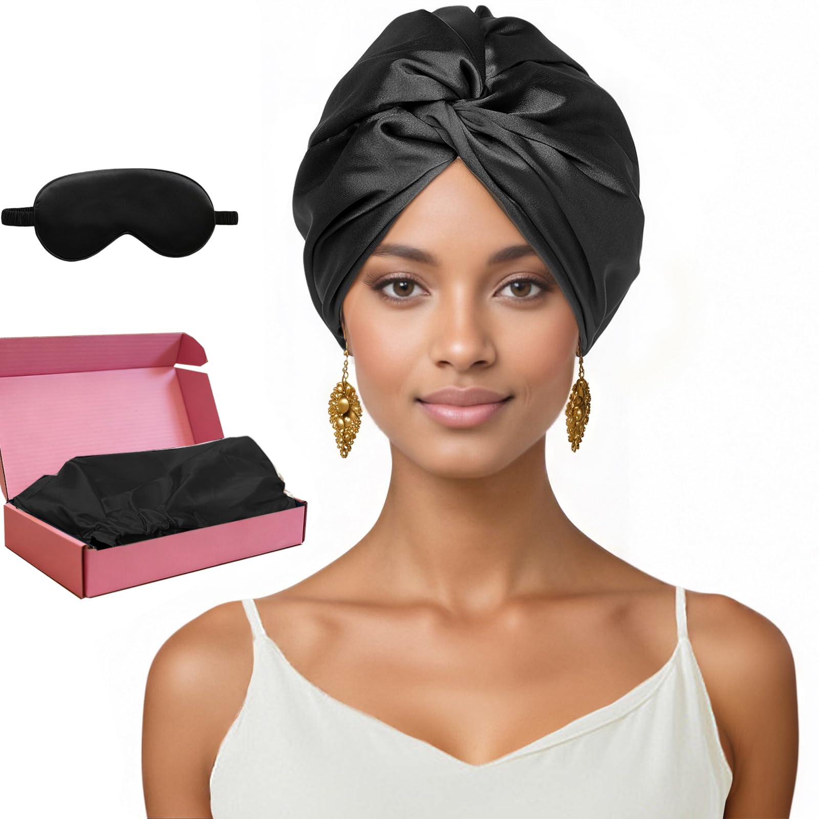 Seidenhaube zum Schlafen für gesunde Haare & lange Haare | Schlafhaube Seide verhindert Frizz, Haarbruch & Spliss | Silk Bonnet für Damen mit Locken & Haarhaube für die Nacht (Schwarz) - 1