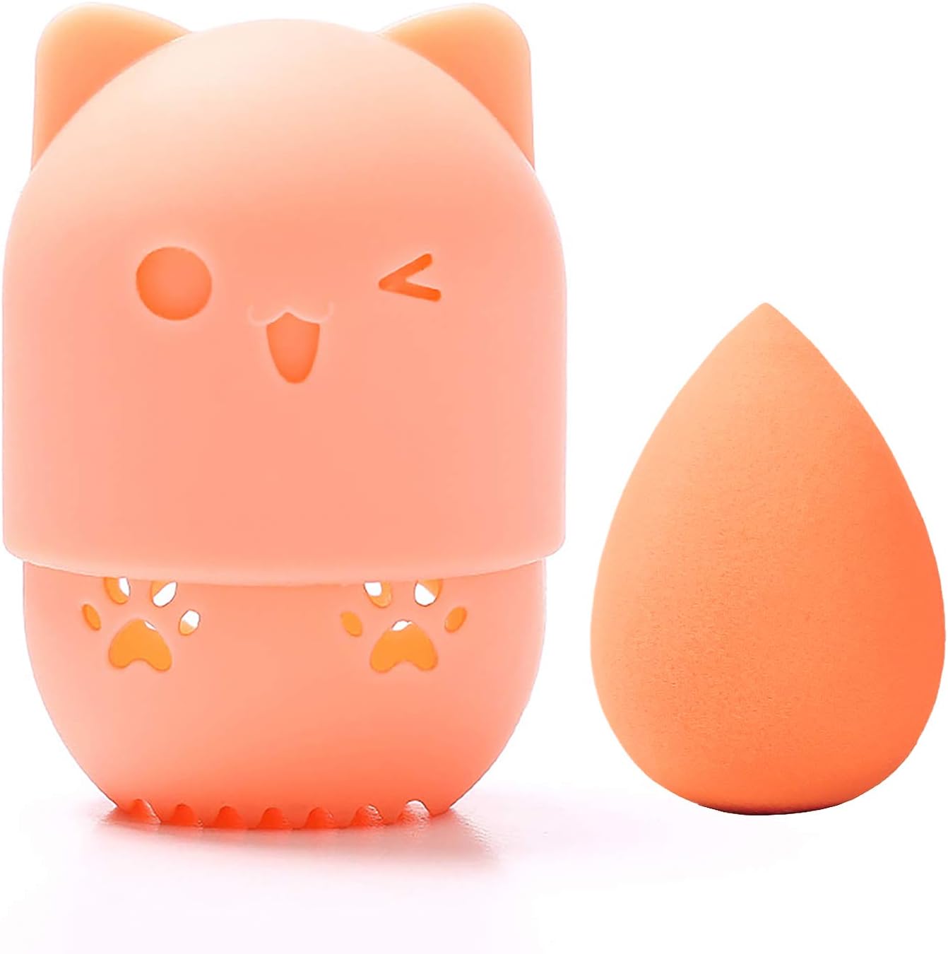 [Allure & Co.] Soft Makeup Sponge and Cute Cat Shaped Container Set - Travel Case for Beauty Blender (Peach)