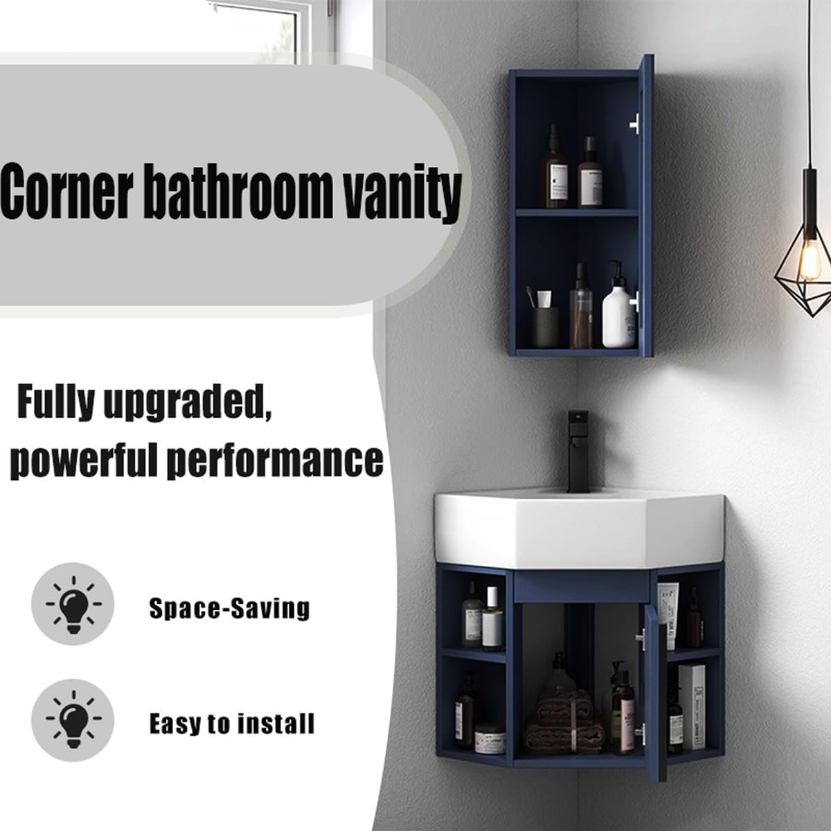 Small Corner Bathroom Vanity, Vessel Cabinet Sink Combo, Wall Mount Triangle Ceramic Counter Sinks,for Small Cloakroom, Space-Saving Design(Sink+Mirror Cabinet Package)