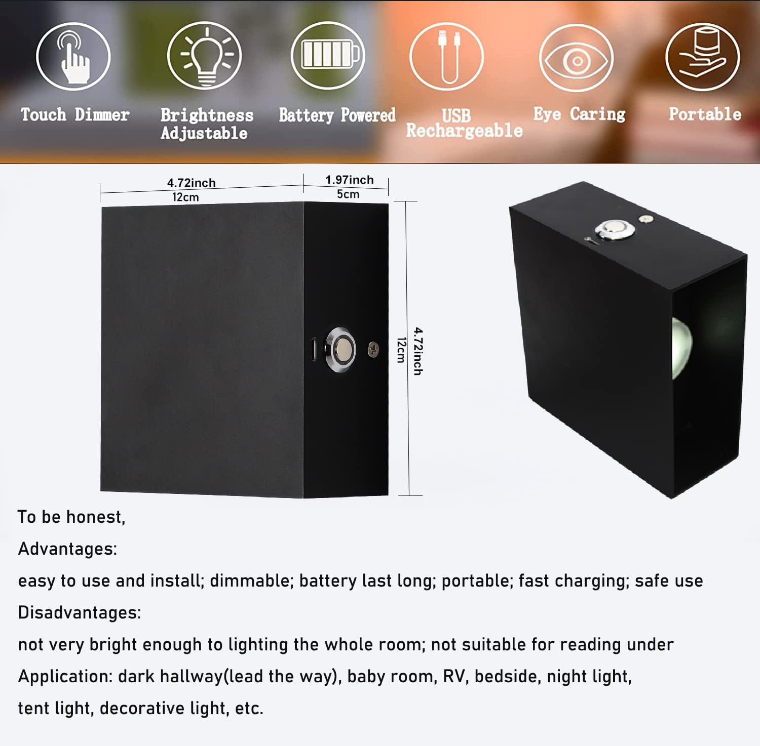 Indoor LED Wall Lamp with Touch Switch, Cordless Lamp Rechargeable USB Wall Sconce Lights Battery Powered Bedside Lamps for Bedroom Children's Room Corridor Stairwell (Black 2pack, 3000K)
