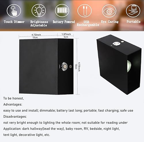 Miniatura 4 de Lámpara de pared LED interior con interruptor táctil, lámpara recargable USB sin cables, luces de pared con batería, lámparas de mesita de noche