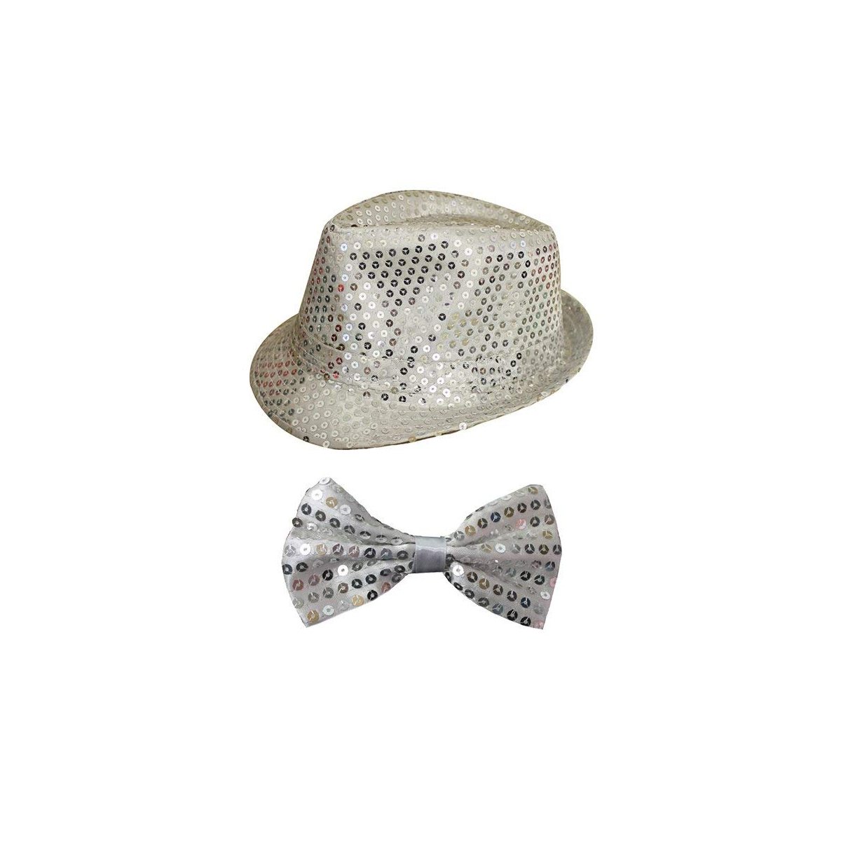 Wickedfun Unisex Kids Silver Wickedfun® Girls Ladies Women's Men's Sequin Fedora Hat & Sequin Bow Tie Set Perfect For Dance Show And Stage Show Hen Night Fancy Dress (Silver)