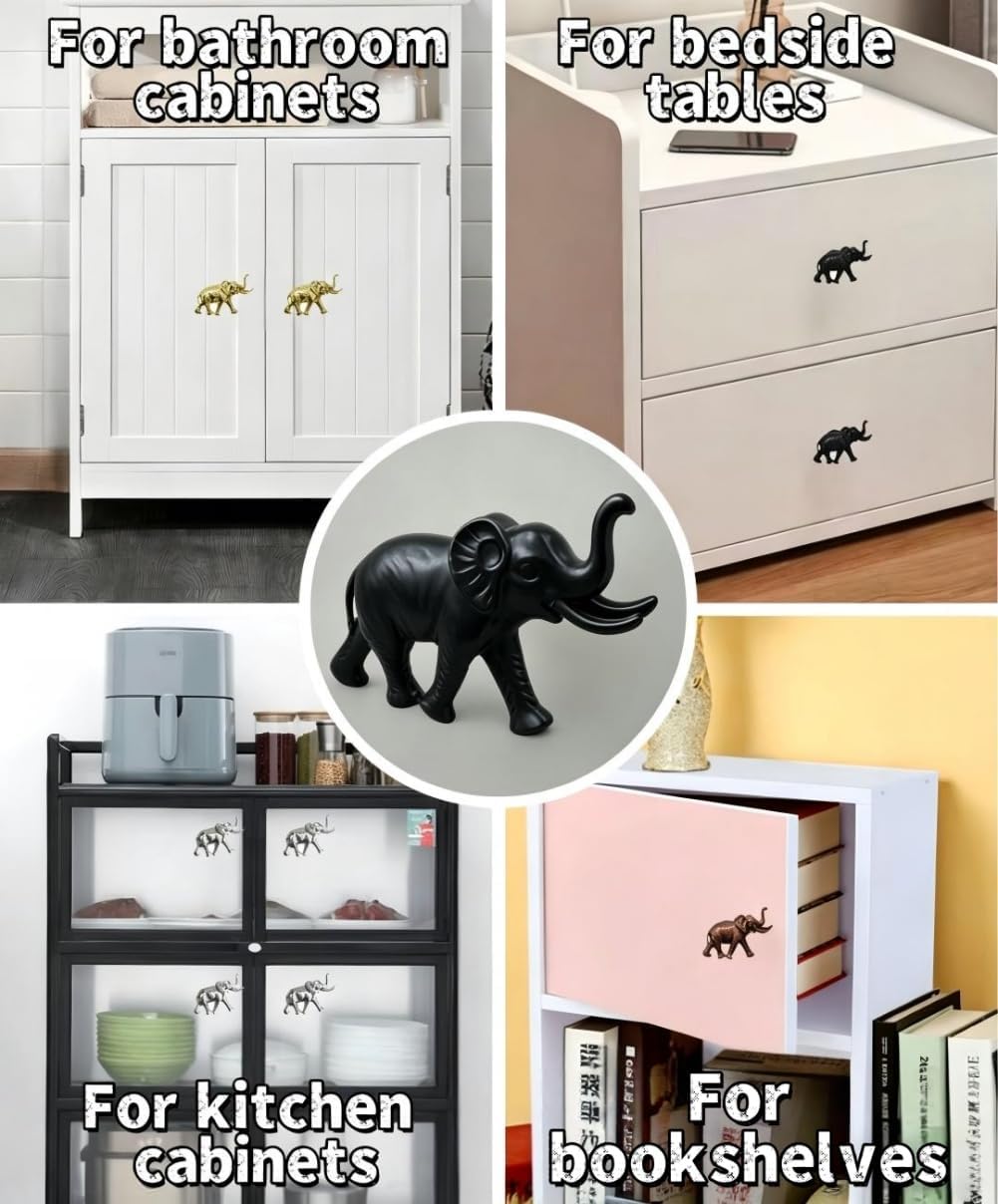 Elephant Cabinet Knobs, Fun Animal Drawer Pulls, Black | 4Pcs Cute Animals Single Hole Pulls Handles, Decorative Door Cabinet Drawer Cupboard Wardrobe Furniture Hardware