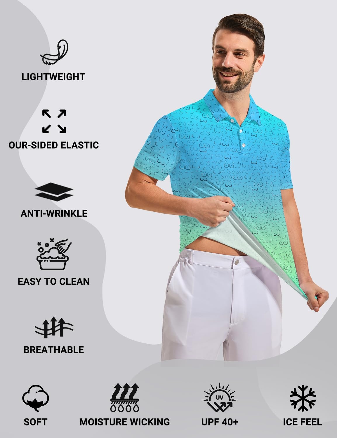 Men's Funny Golf Polo Shirts Quick Dry Blue Cartoon Short Sleeve Polo Shirts - Image 5