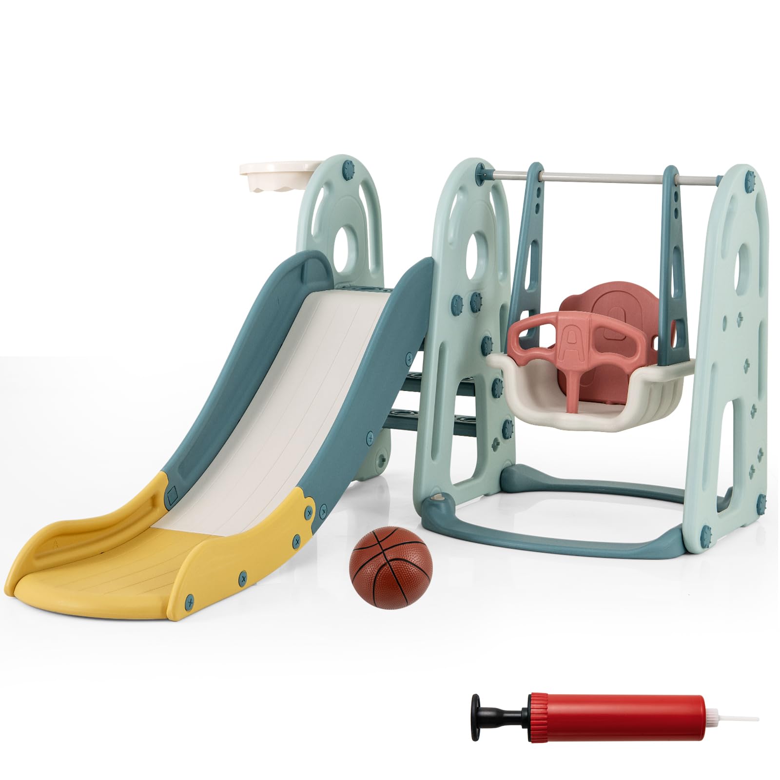 HOMASIS Scivolo Per Bambini 6 In 1 Con Altalena, Canestro, Calcio, Golf E Scala - Parco Giochi Colorato Per Bambini 3+ Anni
