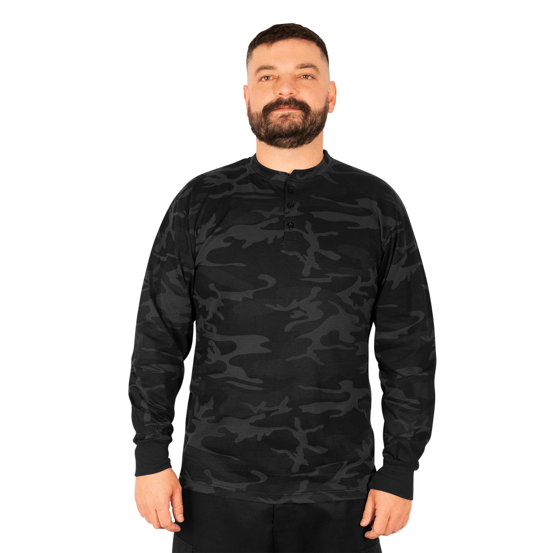 Rothco Long Sleeve Henley Shirt, Midnight Black Camo, Medium