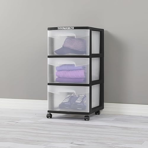 Miniatura 4 de Carrito de almacenamiento de plástico de 3 cajones (negro) - Cajones transparentes visibles y ruedas extraíbles, organizador ideal para el hogar