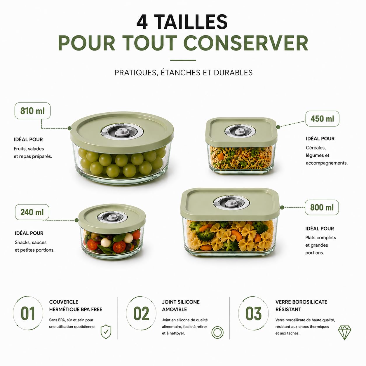 Kit sous vide alimentaire avec pompe rechargeable sans fil | 4 boîtes hermétiques en verre, Sans BPA, 240ml, 450ml, 800ml, 810ml, Idéal meal prep