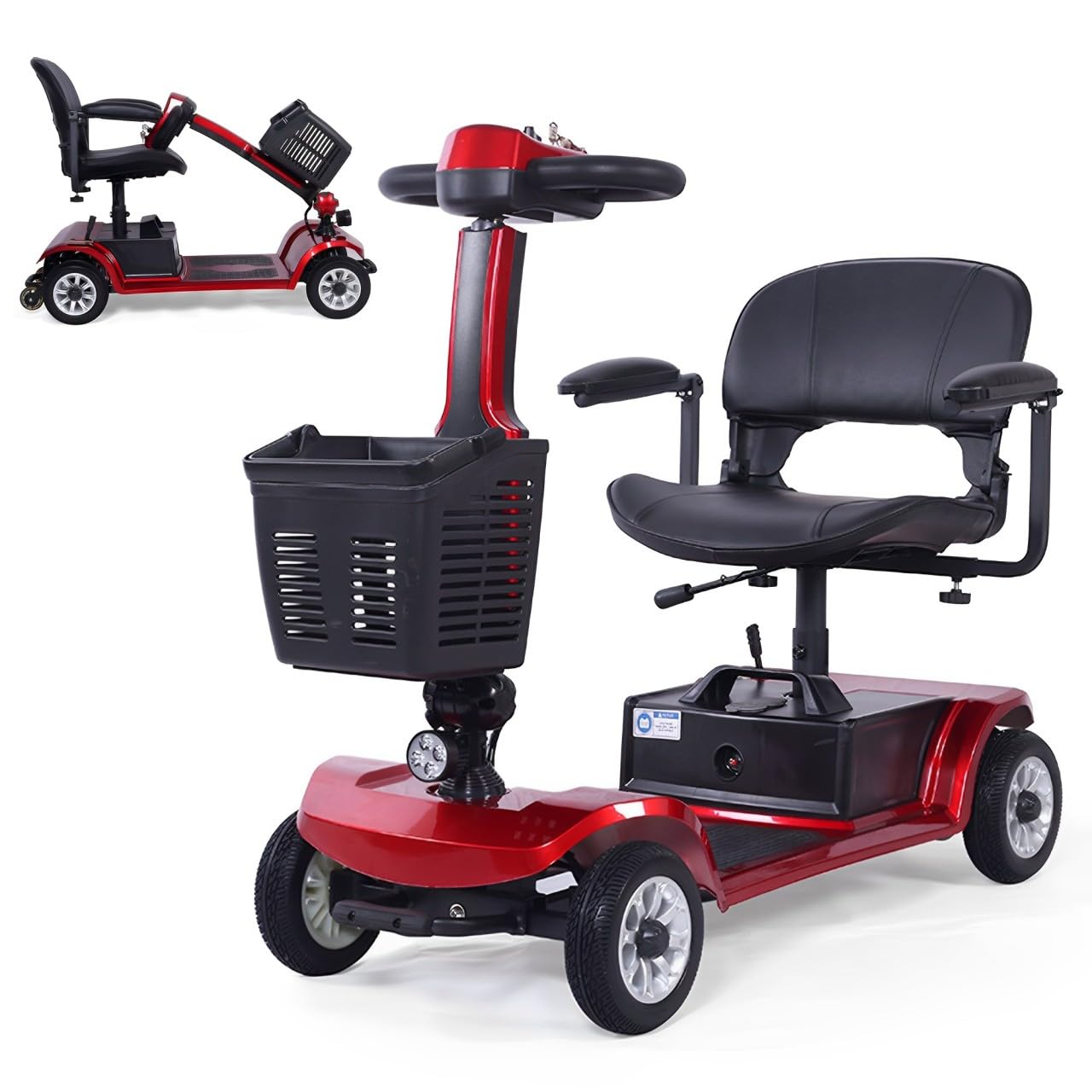 Scooter de Movilidad de 4 Ruedas Motonetas de Movilidad Plegables para Adultos Freno Electromagnétic Capacidad de 190 kg Batería Extendida de 25km con Canasta (Rojo)