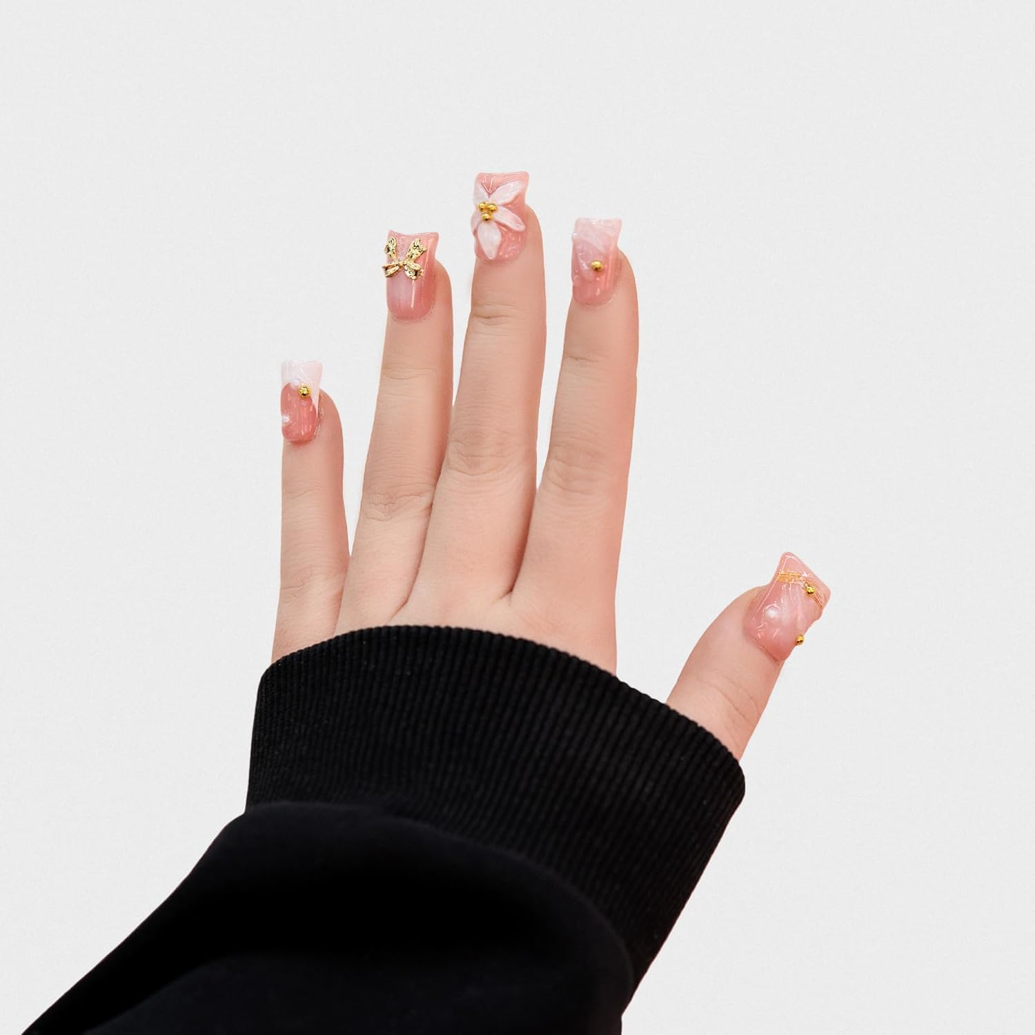 Press On Nails, Pink Acrylic with White Flowers and Gold Bow Embellishments, Custom Celebrity Vibe (Long)