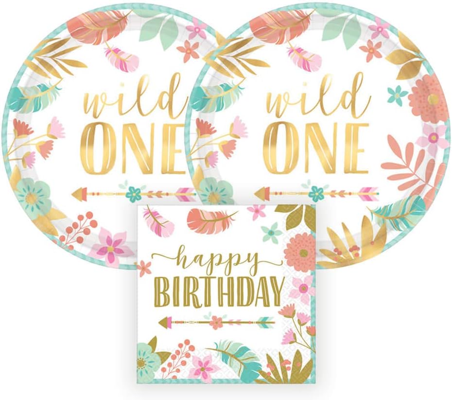 Amscan Wild One Gold Metallic First Birthday Party Paper Plates and Paper Napkins, 16 Servings, Bundle- 3 Items