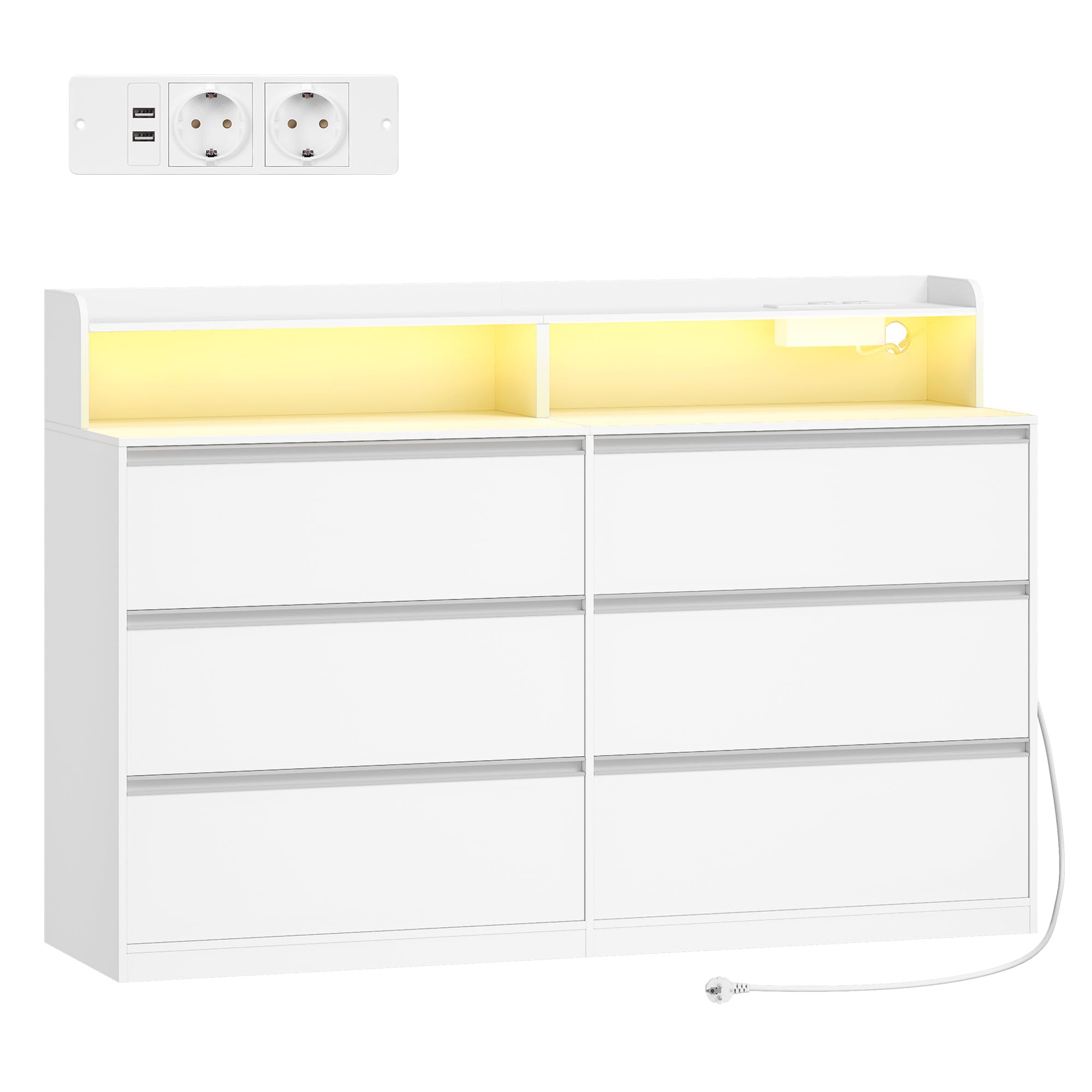 Hzuaner Cassettiera con LED e Presa Multipla, Mobile con Cassett, 6 Cassetti, Piano Superiore Portaoggetti sulla Cassettiera, per Camera da letto, Armadio e Ingresso 40 x 140 x 95 cm Bianco 1214003XEU