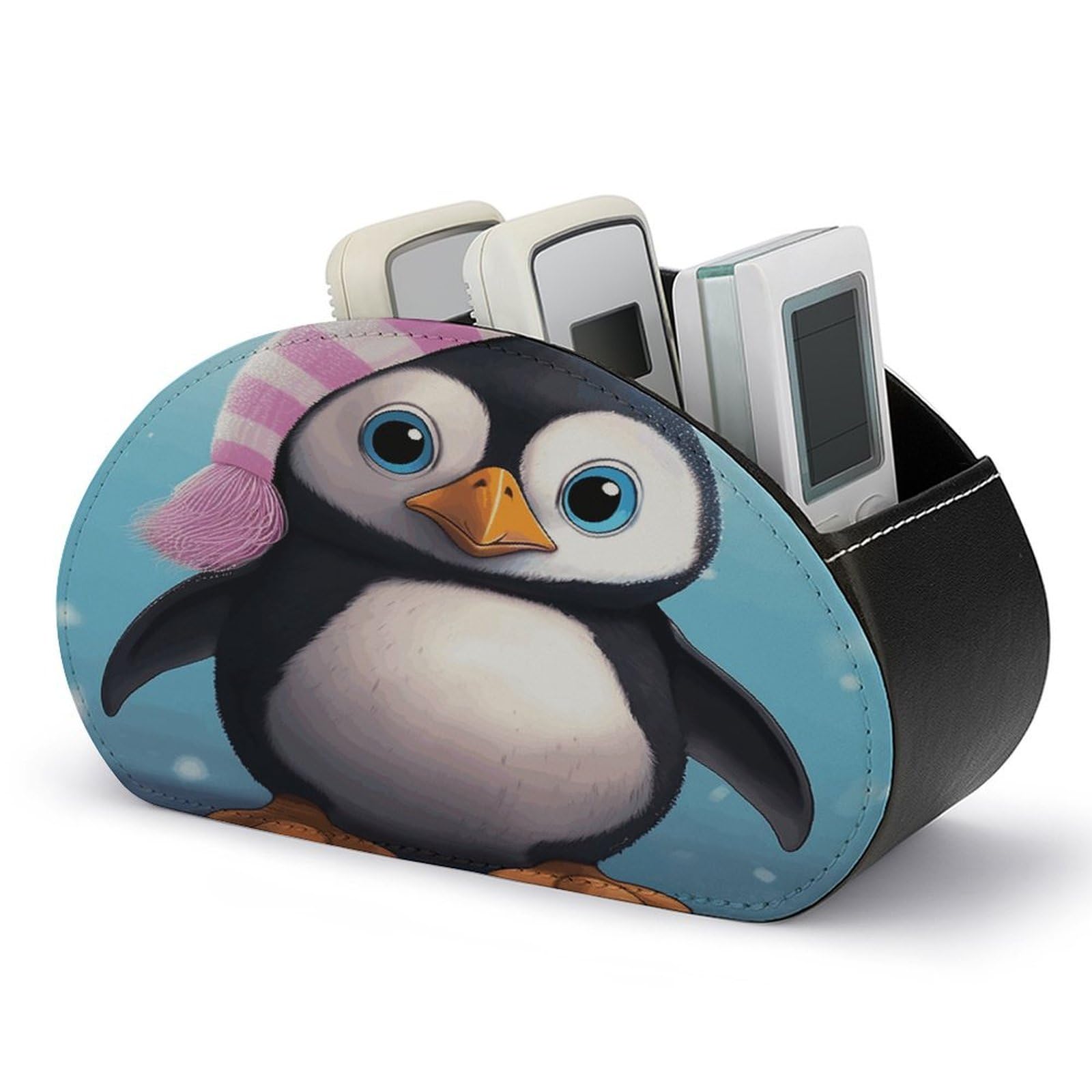 JTREHY Lovely Penguin Remote Control Holder 5 Compartments Remote Caddy Tray PU Leather TV Remoter Storage Box Bedside Table Storage Organizer Office Desk Storage Case