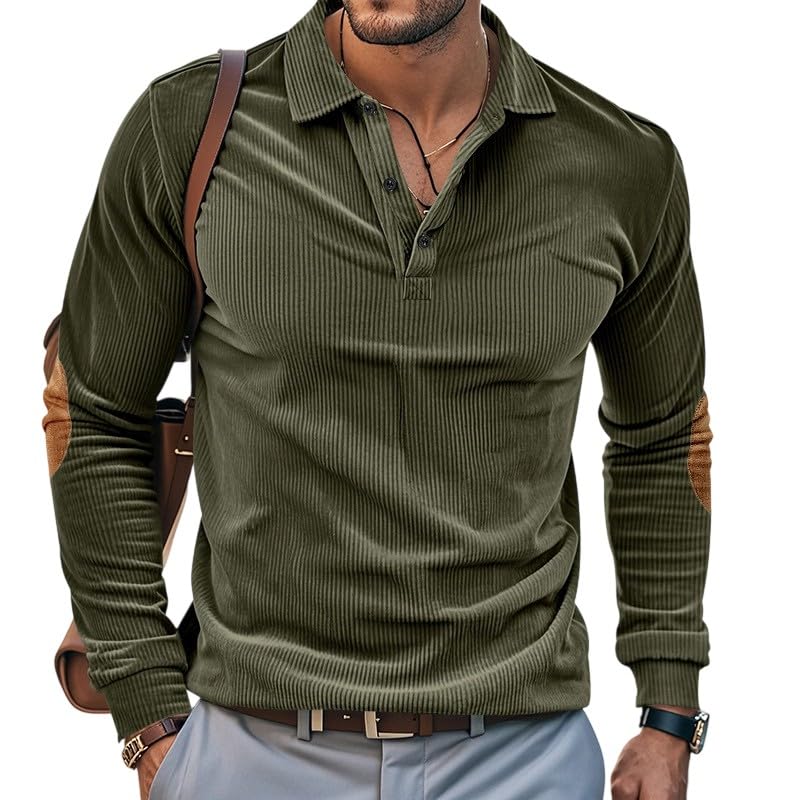 Mens Corduroy Shirts Casual Long Sleeve Lapel Collar Button Up Polo Shirts Pullover Fall Sweaters Fall Spring Tops
