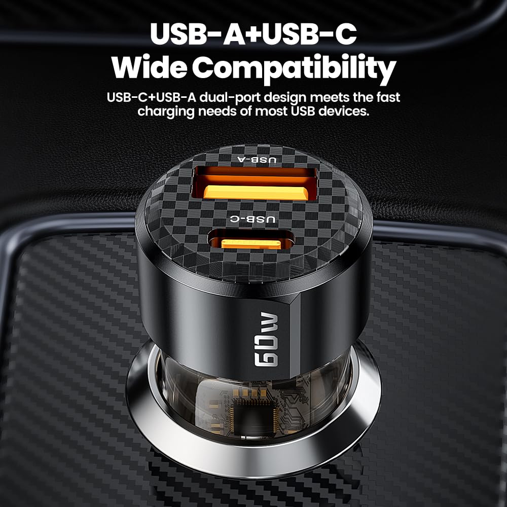 TRON 60W Dual Port Fast Car Power Adapter (30W PD USB-C + 30 USB-A) Transparent Kompakt Zigarettenanzünder Ladegerät für iPhone, Samsung, Android - Braun Schwarz -TR13