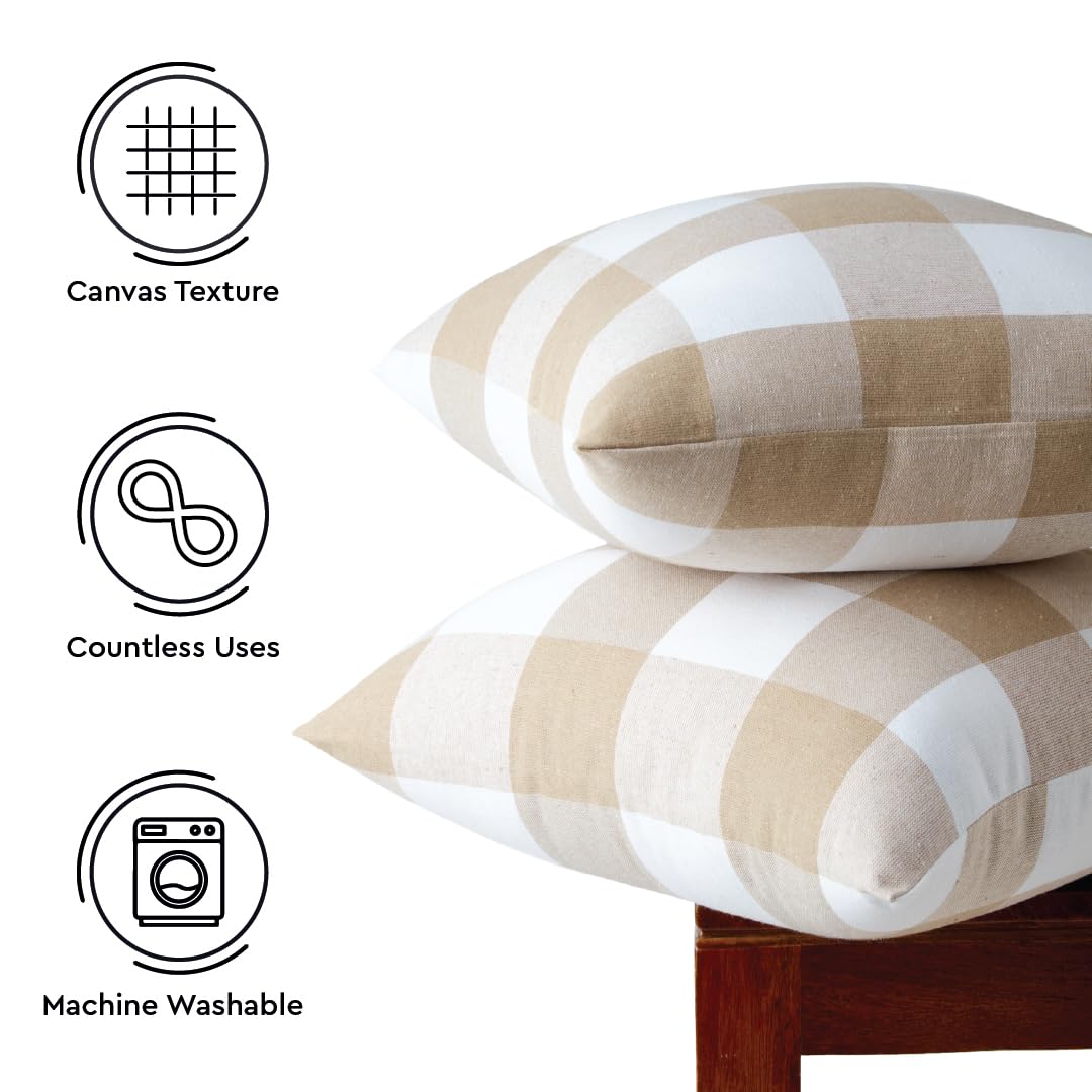 Juego de 2 fundas de almohada de granja de 18 x 18 pulgadas con cuadros beige búfalo, fundas de cojín decorativas sin relleno, fundas de almohada a cuadros y rayas para sala de estar, sofá 3