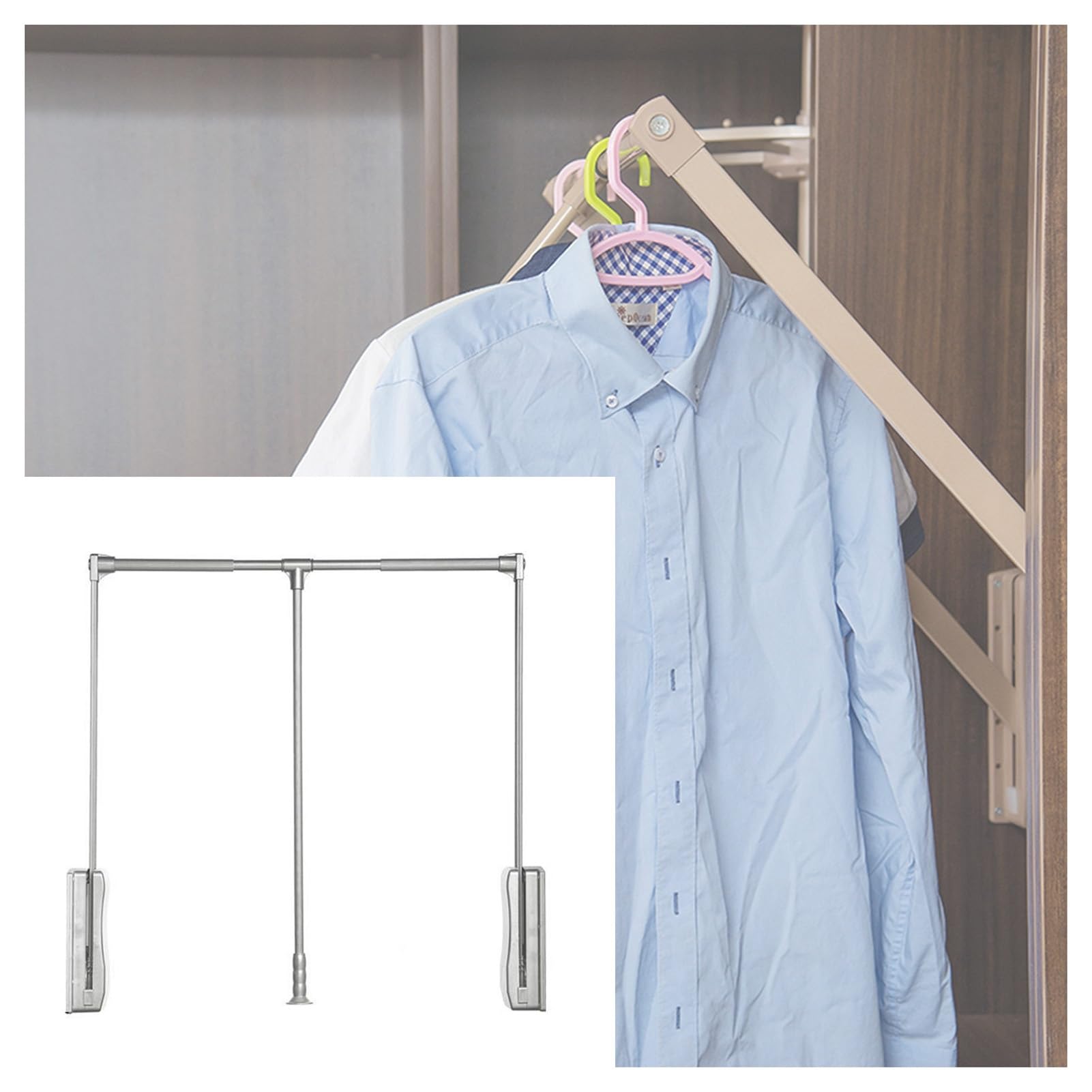 GTHTUHFD Adjustable Pull Down Closet Rod, 550-1250Mm Pneumatic Clothes Rail, Heavy-Duty Wardrobe Hanger, 20Kg Load Capacity, Space-Saving Solution Silver-930-1250mm