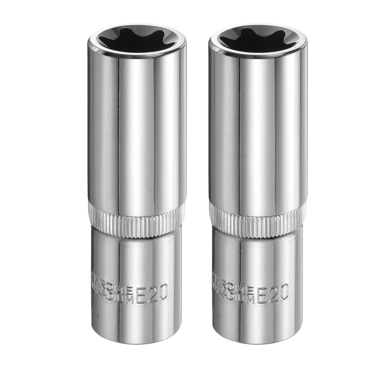 sourcing map 2pcs E-Torx Socket 1/2" Drive E20 Star Female Socket 3.1" Length External Torx Deep Sleeve Chrome Plating 6 Point Spline Sleeve for Auto Repairs Home Maintenance