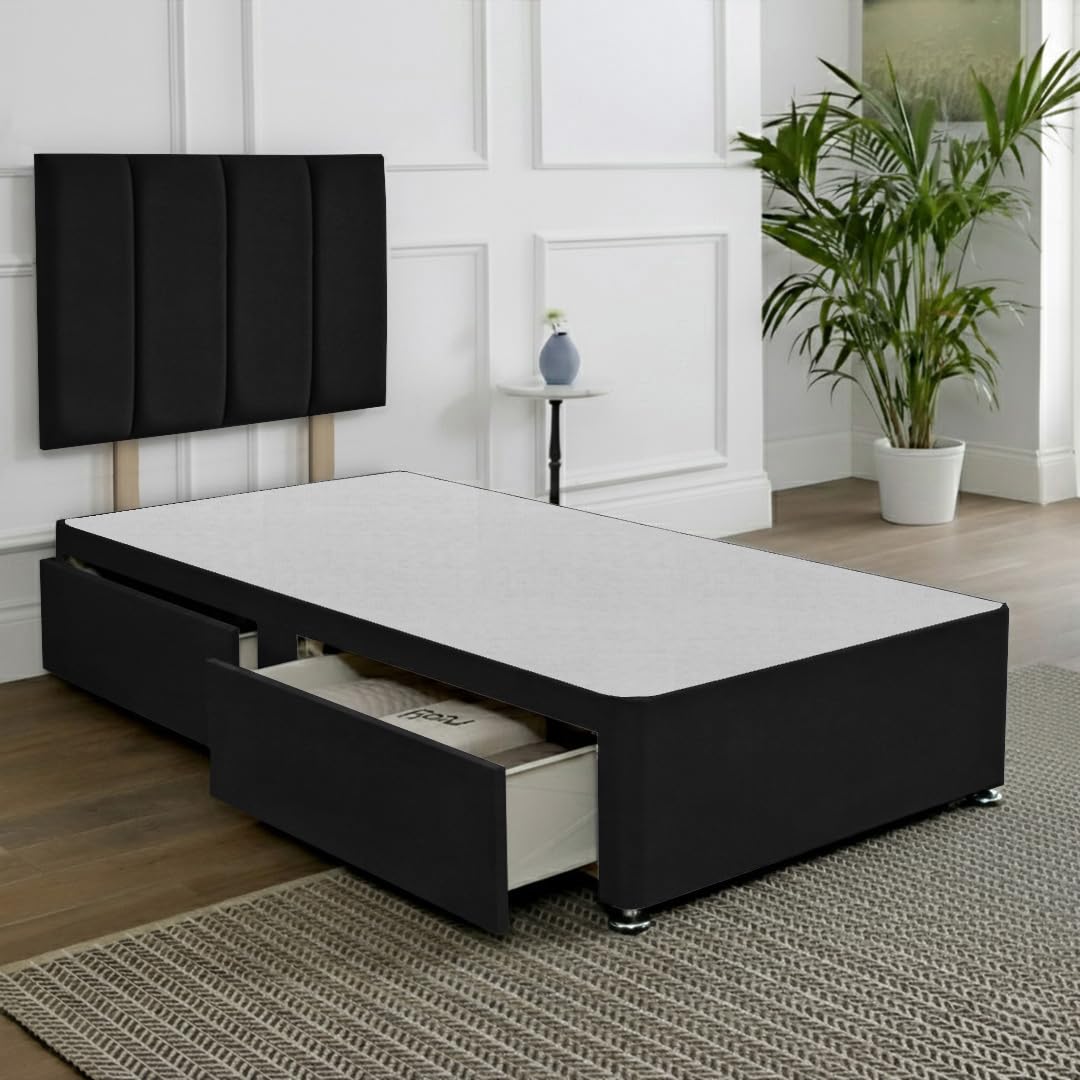 SANA SLEEP Single Divan Bed with Headboard & 2 Drawers – Plush Black Fabric, 3FT UK Made, Bedroom, Guest & Kids’ Room, Space-saving, Luxury Comfort — image 1
