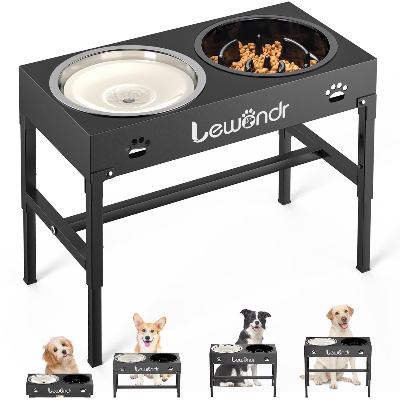 Lewondr Comedero Elevado para Perros, 2 en 1 Soporte Elevado de Metal para Perros con Bebedero Antiderrame, Dispensador de 3 Alturas Ajustables Antideslizante para Perros Pequeñas, Medianas y Grandes
