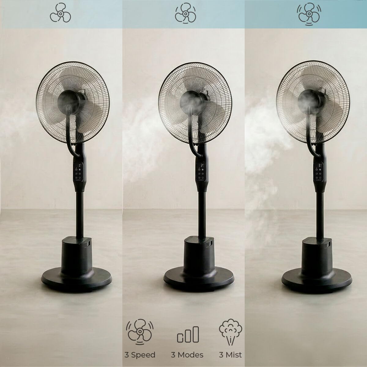 InnovaGoods - Ventilador de pie con nebulizador de 3 intensidades, mando a distancia, panel táctil, 3 velocidades, 3 modos, oscilante 80º, temporizador, ruedas, motor de cobre, silenciador, 90 W