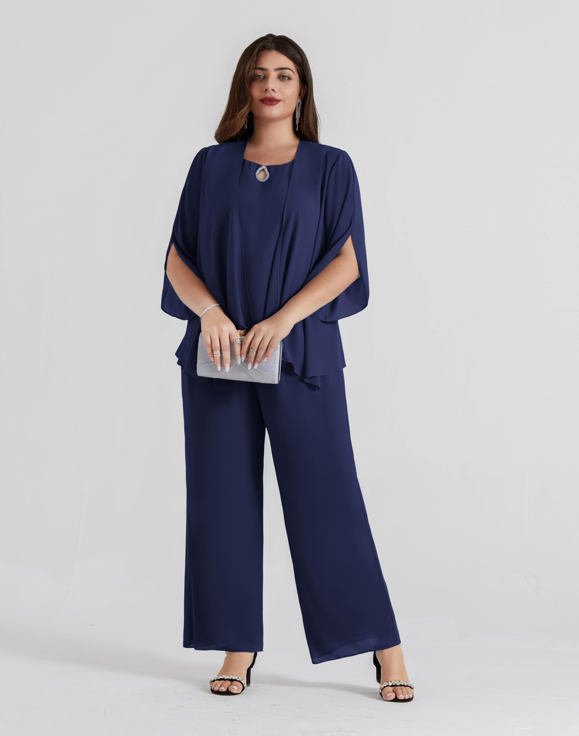 Hanna Nikole Ensemble 3 pièces en mousseline de soie pour femme - Grandes tailles - Pour cocktail, fête, fête - Élégant - Avec t-shirt et taille haute - Pantalon