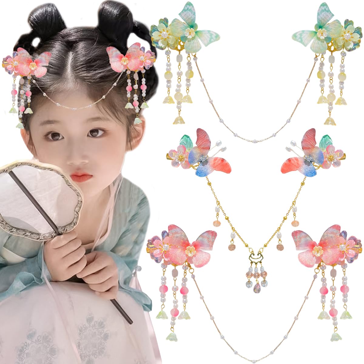Petunny 3Pcs Chinese Hanfu Hair Clip Butterfly Tassel Hair Clips Handmade Floral Clips with Head Chains Chinese Hair Accessories for Girls Women
