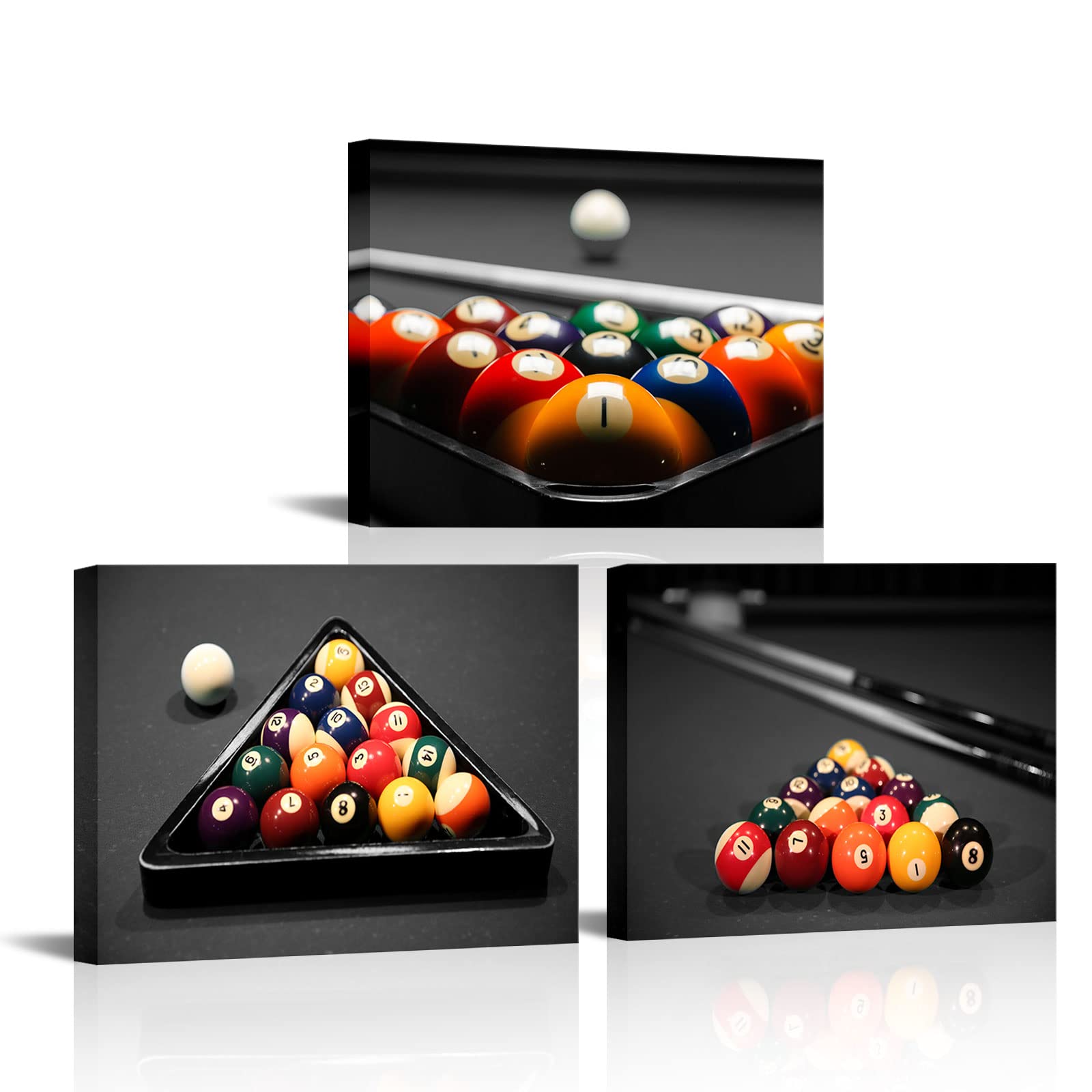 LyerArtork 3 Pieces Game Pictures Wall Decor Billiard Balls Canvas Wall Art Sport Theme Painting Prints Snooker Artwork for Club Pool Room Wall Decor Framed and Ready to Hang Each 12x16inch