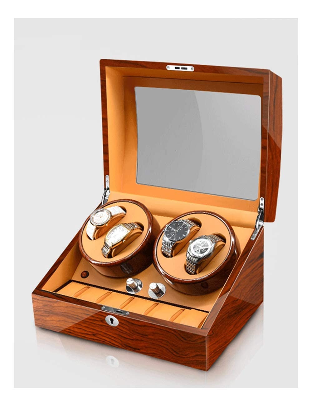 Watch Winder Nakręcacz do zegarków na 4 zegarki Dodatkowe 6 pozycji Farba fortepianowa Antymagnetyczna Ultra cicha, luksusowa wibrator do zegarków Światło LED (ziarno palisandru + brąz 4+6) Watch