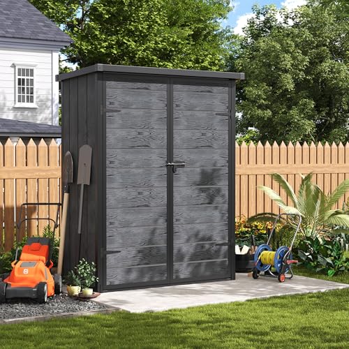 UDPATIO 47 Cu.ft Vertical Storage Shed, 4.3 ft x 5.6 ft Resin Outdoor Shed with Floor, Waterproof Plastic Storage Cabinet, Lockable Doors for Garden, Backyard, Lawn, Dark Grey