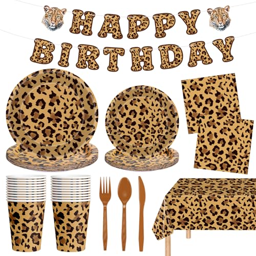 142 Pcs Cheetah Print Birthday Decorations Set - Happy Birthday Banner, Animal Leopard Paper Dinner Plates Napkins Cups, Plastic Tablecloth, Flatware for Cheetah Party Supplies Leopard Birthdays Decor