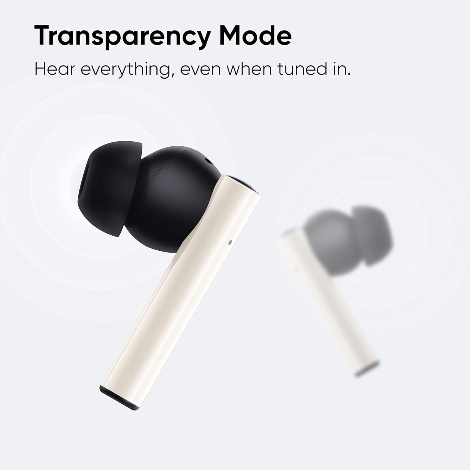 A close-up of a DIZO GoPods earbud with a blurred background, indicating the transparency mode feature.